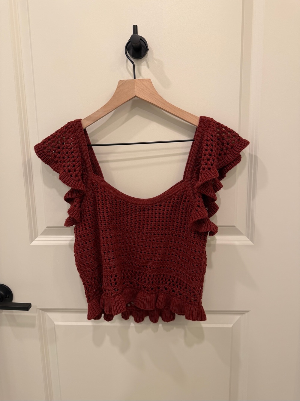 Express Crochet Ruffle Crop Top in Rust - Picture 2 of 7